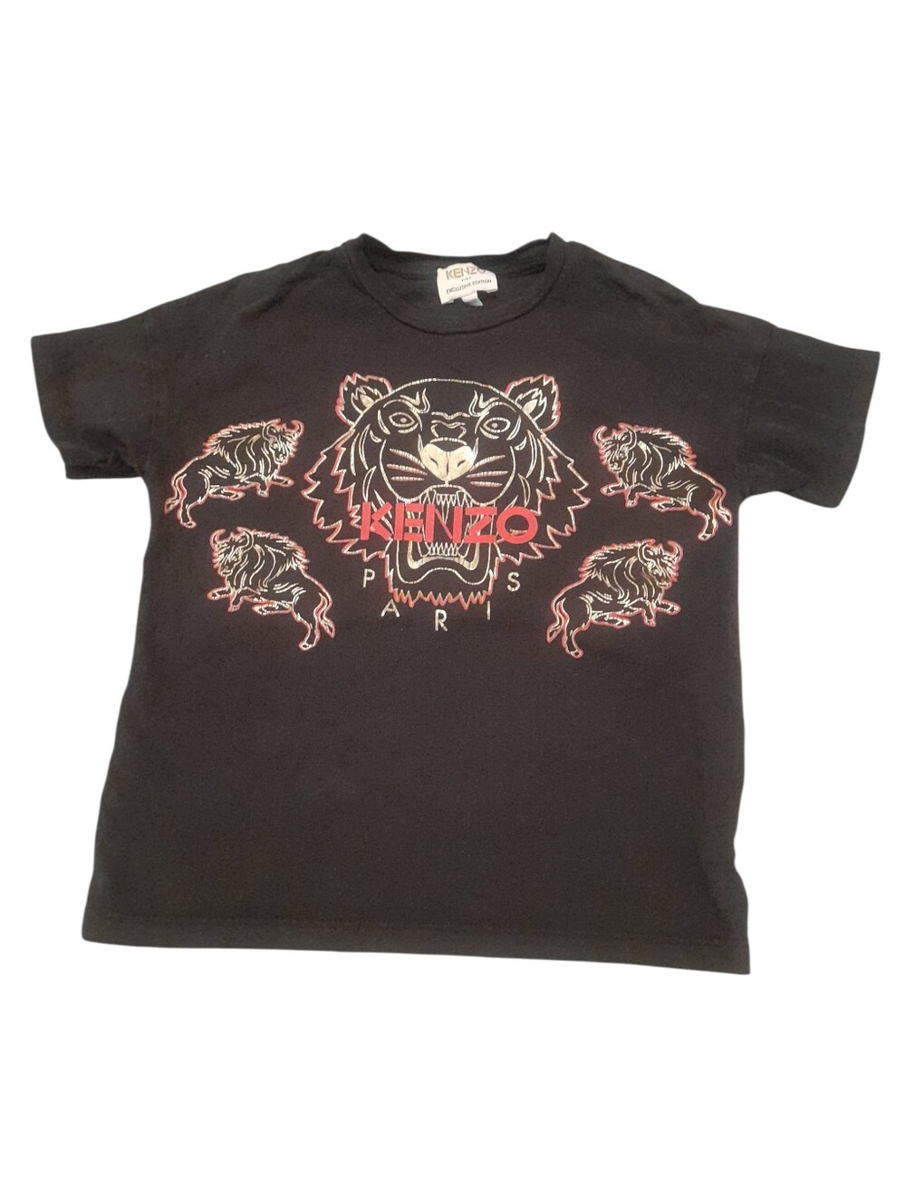 Kenzo Black Tee with Red-Outline Tiger Motif